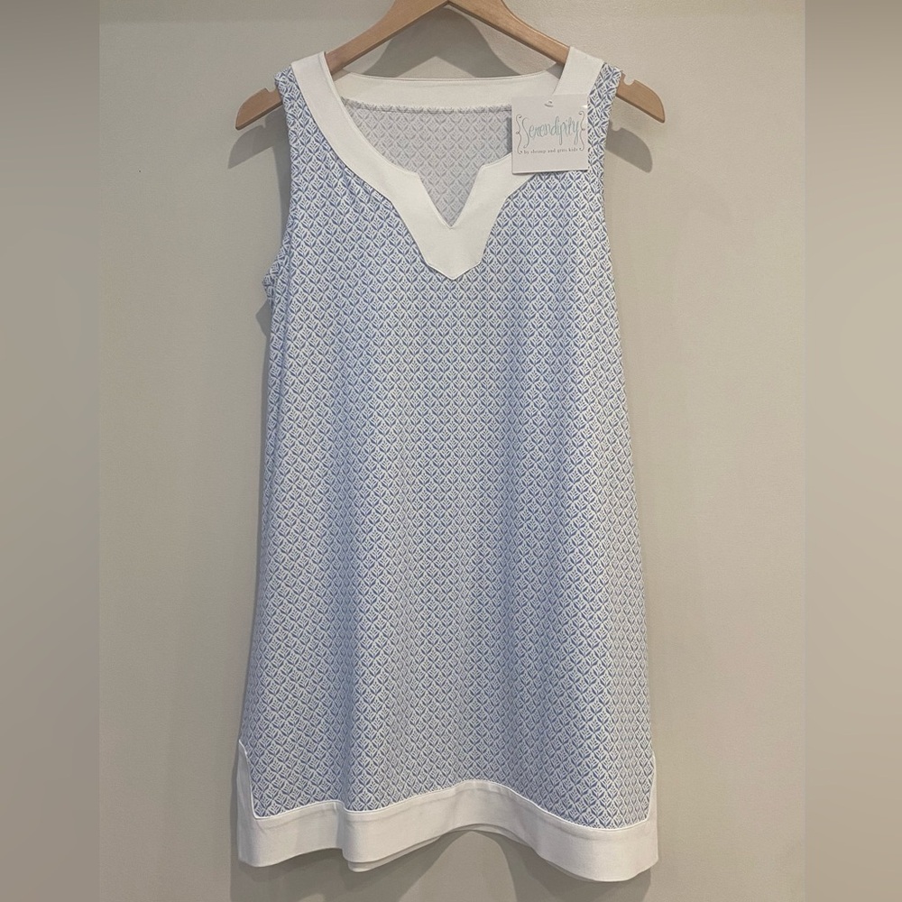 Women’s Serendipity Blue and White Leaf Print Sleeveless Dress Medium NWT